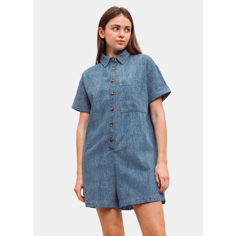 FRNCH Paris LEOLINE Button Front Boxy Patch Pocket Denim Romper Blue Size M $78